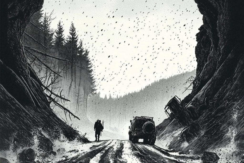 Un voyageur solitaire avance sur une route perdue et déserte, encadrée par des falaises sombres et une forêt dense. Un véhicule abandonné et des carcasses métalliques jonchent le bord du chemin, sous une pluie de cendres étouffante et oppressante.