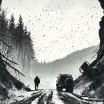 Un voyageur solitaire avance sur une route perdue et déserte, encadrée par des falaises sombres et une forêt dense. Un véhicule abandonné et des carcasses métalliques jonchent le bord du chemin, sous une pluie de cendres étouffante et oppressante.