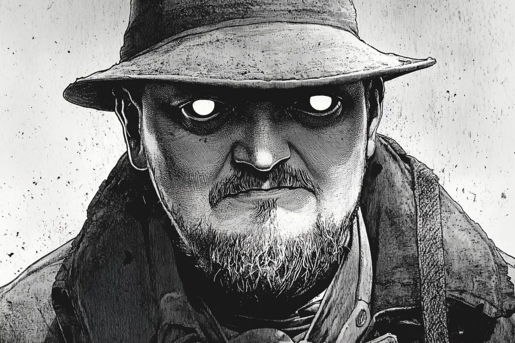 Portrait en noir et blanc de Manu Larcenet, dessiné dans un style sombre et intense. Son regard à la fois vide, lumineux et perçant, combiné à une expression dure et marquée, évoque une lutte intérieure et une vision créative tourmentée.