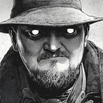 Portrait en noir et blanc de Manu Larcenet, dessiné dans un style sombre et intense. Son regard à la fois vide, lumineux et perçant, combiné à une expression dure et marquée, évoque une lutte intérieure et une vision créative tourmentée.