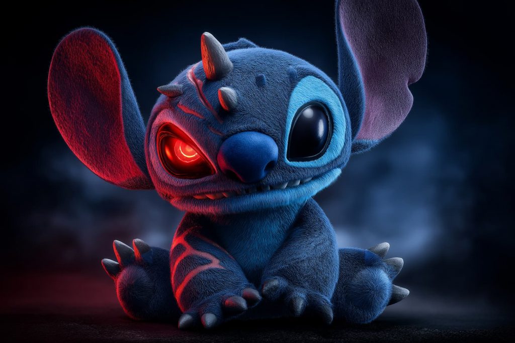Portrait de Stitch en peluche, dont la moitié du visage révèle une version monstrueuse avec un œil rouge luisant et des griffes menaçantes.