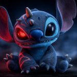 Portrait de Stitch en peluche, dont la moitié du visage révèle une version monstrueuse avec un œil rouge luisant et des griffes menaçantes.