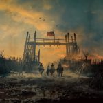 Isaac, Sara, Devin et Deux Lunes à cheval traversant un camp en ruines sous un ciel embrasé dans la série À l’Aube de l’Amérique.