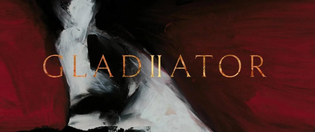 Affiche peinte de Gladiator II avec le titre en lettres dorées sur un fond rouge et noir abstrait.