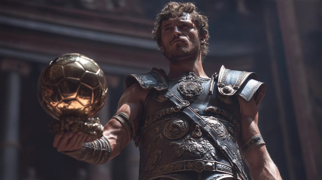 Lucius en tenue de combat tient son Ballon d'Or, parodie visuelle des anachronismes dans Gladiator II.