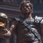 Lucius en tenue de combat tient son Ballon d'Or, parodie visuelle des anachronismes dans Gladiator II.